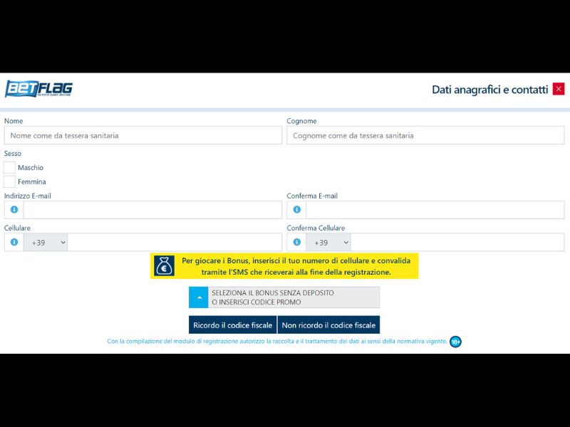 Registrazione al Casinò BetFlag 